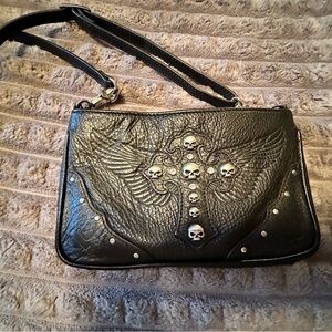 Black Leather Skull Embellished Shoulder Bag